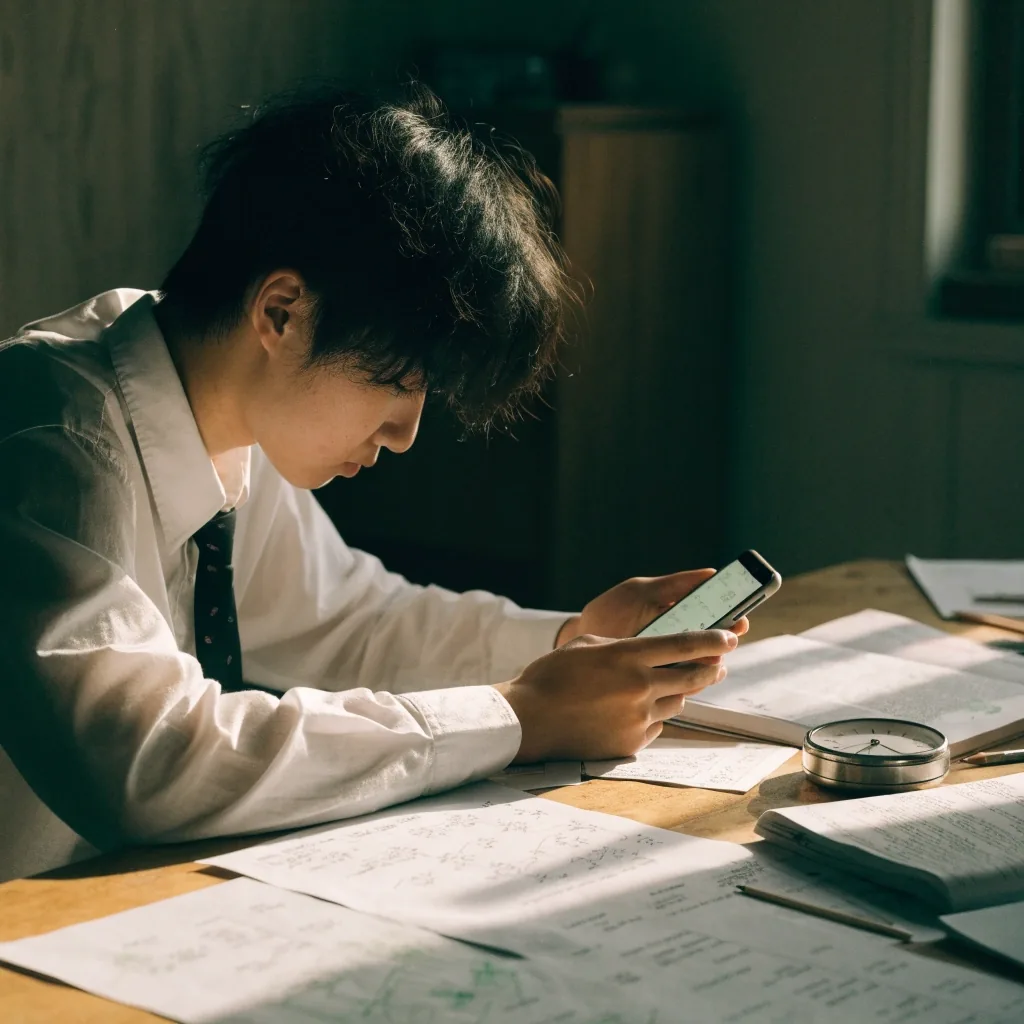 저녁 무렵 매트한 책상 위, 수학 문제지 두 더미 중 한 장을 옮기는 손
